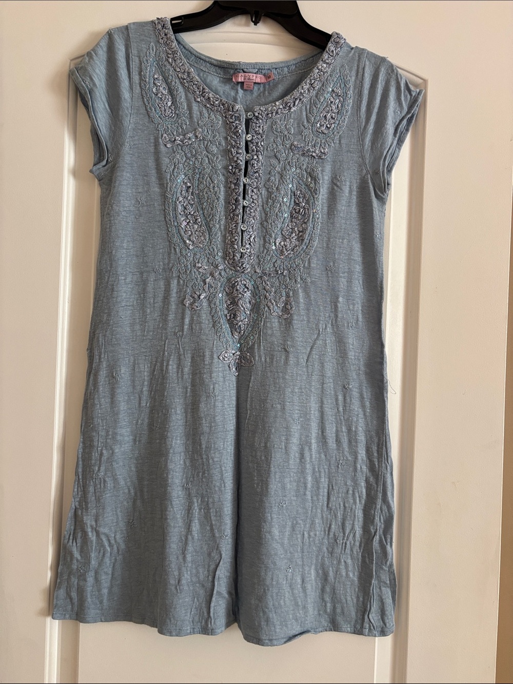 Calypso St. Barth Light Blue Linen Embroidered Cap-Sleeve Mini Tunic Dress